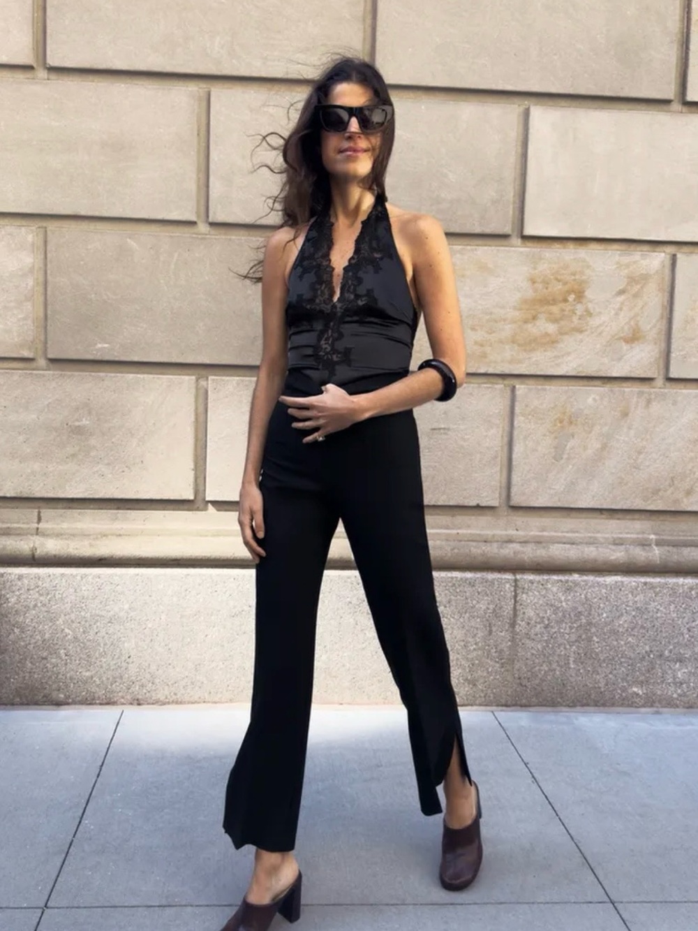 ZARA - Black Halter Lace Bodice Jumpsuit with Split Hem